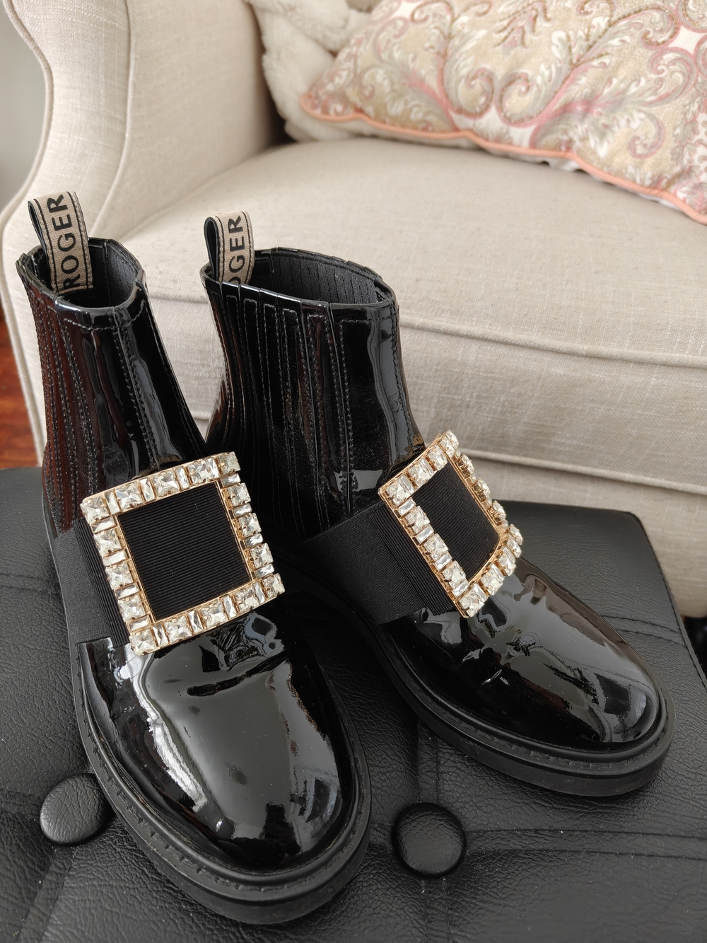 Roger Vivier Black Patent Leather Crystal-Buckle Chelsea Booties- 37